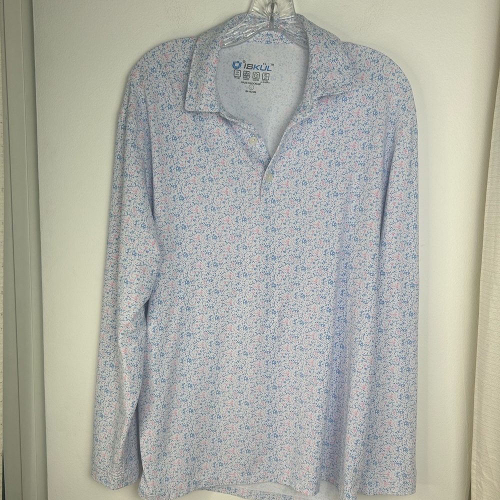 IBKUL Blue Pink White Geometric Long Sleeve Polo UPF50+ Quick Dry Golf Men Large